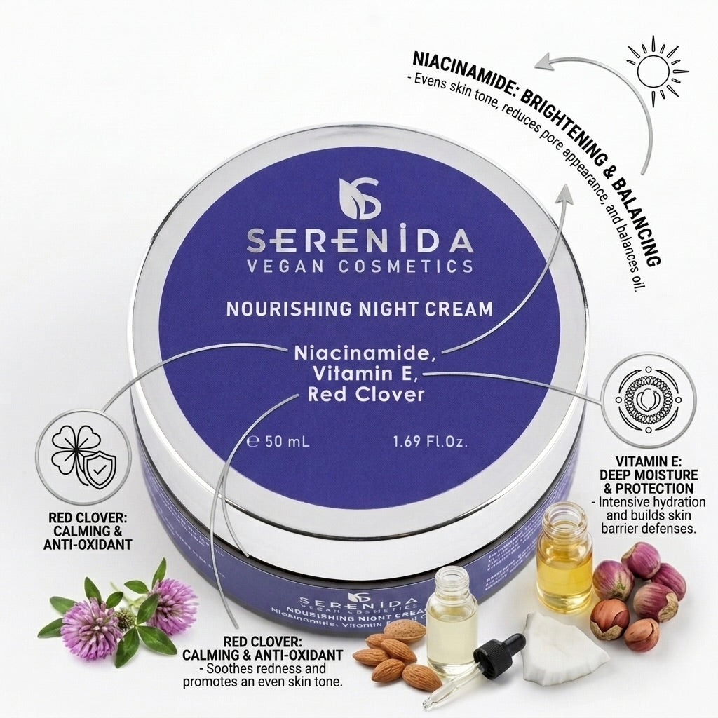 Serenida Vegansk Natcreme, med Niacinamid og Vitamin E, Anti-Aging Fugtighedscreme (50 ml)
