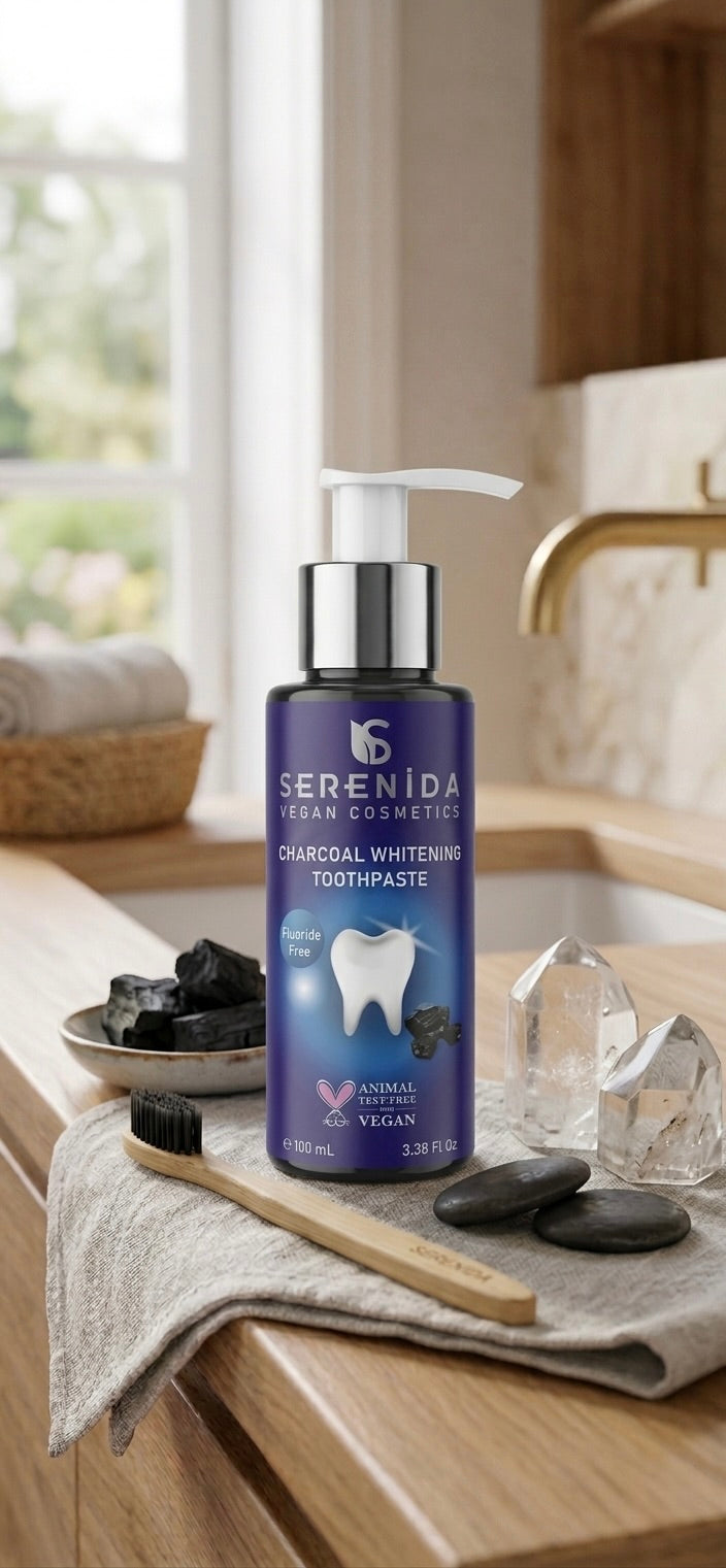 Serenida Dentifricio Sbiancante al Carbone, Pasta Vegana Senza Fluoro con Menta Piperita, Cruelty-Free, 100ml