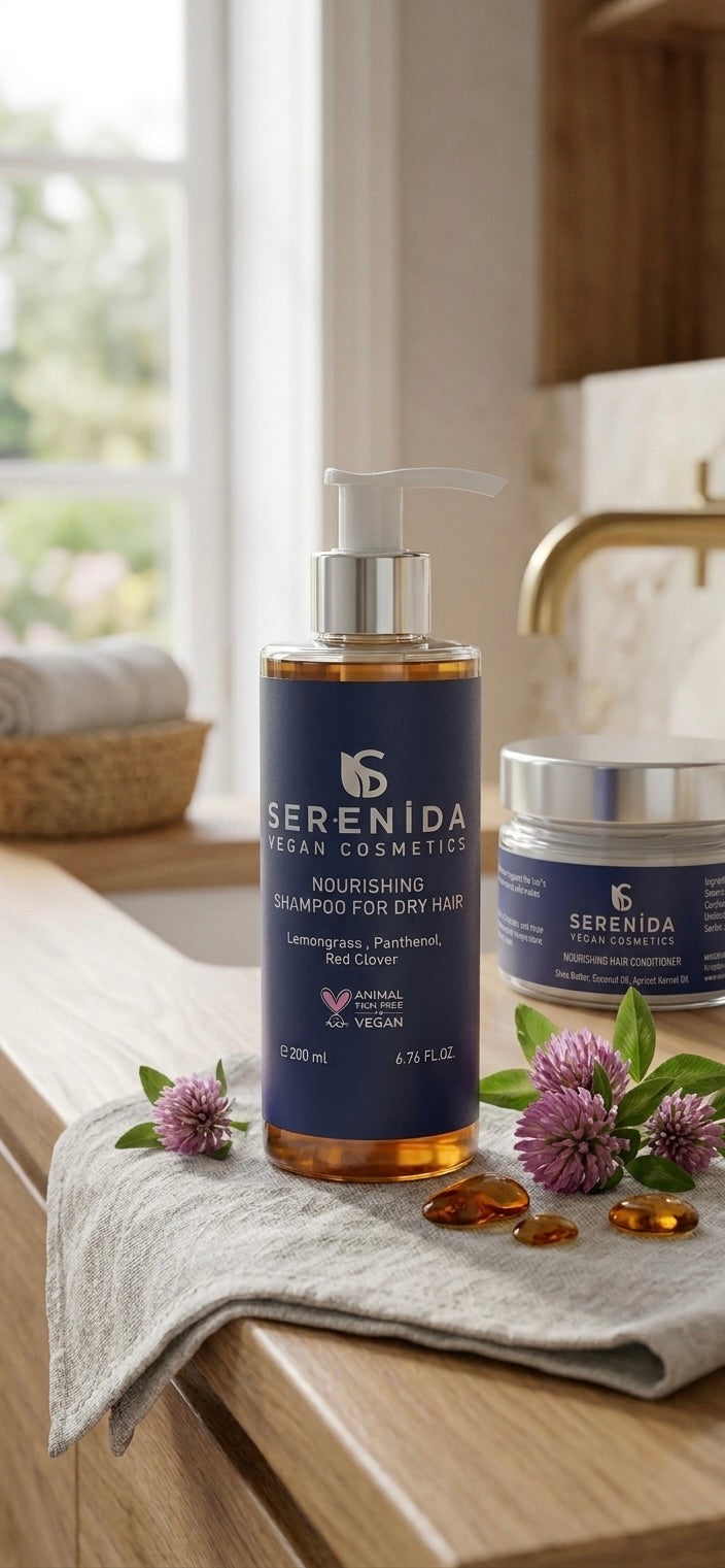 Serenida Shampoo Nutriente per Capelli Secchi, Idratante Vegano con Lemongrass, Pantenolo e Trifoglio Rosso